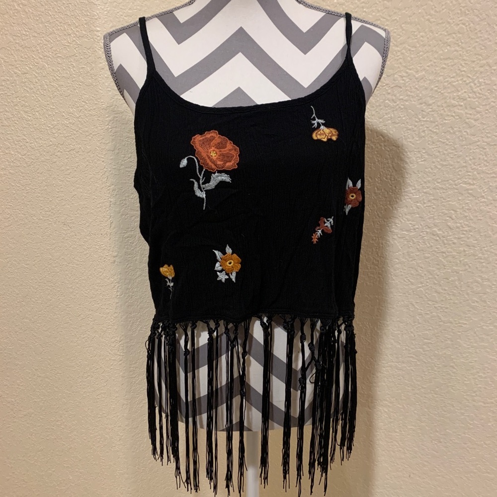Embroidered flower adjustable noodle strap crop top with tassels size XL